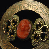 Cameo Sash Pin Vintage Round Ornate Carved Coral Brooch