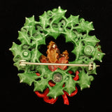 Christmas Holly Wreath Brooch Pin Vintage Xmas Enamel