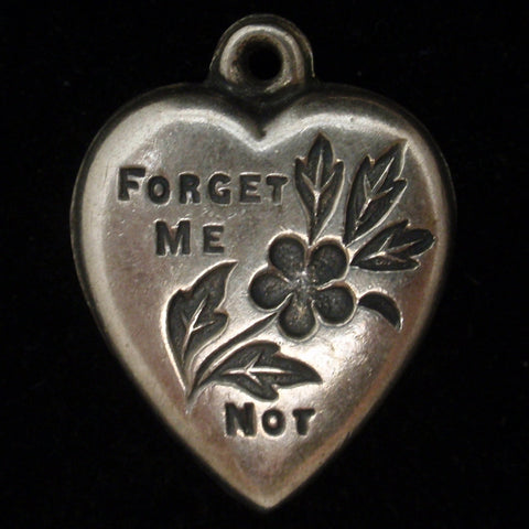 Puffy Heart Charm Forget-Me-Not Vintage Sterling Silver Engraved Percy 2-14-43