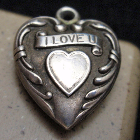 Puffy Heart Charm Vintage Sterling Silver I Love U Engraved Nell