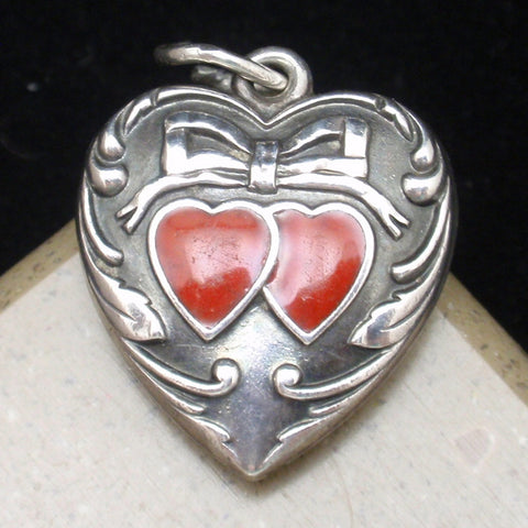 Puffy Heart Charm Vintage Sterling Silver Scrolls Bow Enamel Hearts Engraved DAD