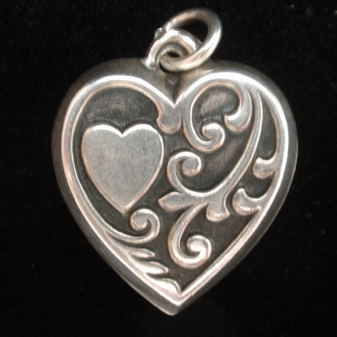 Puffy Heart Charm Vintage Sterling Silver Scrolls Engraved B Lou
