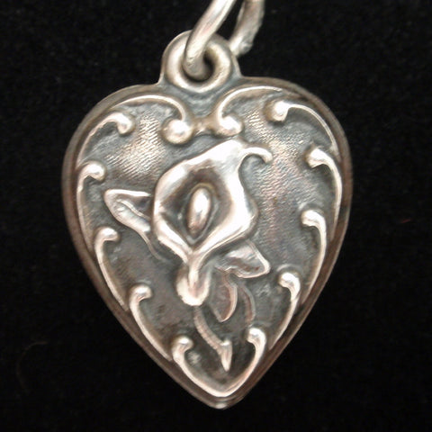 Puffy Heart Charm Vintage Sterling Silver Calla Lily Engraved Manny