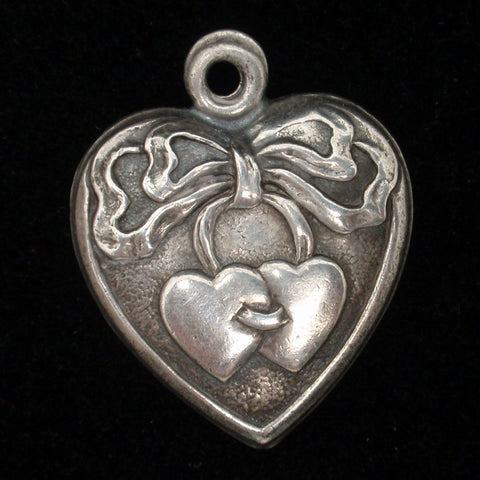 Puffy Heart Charm Vintage Sterling Silver Bow Holding Pair of Hearts