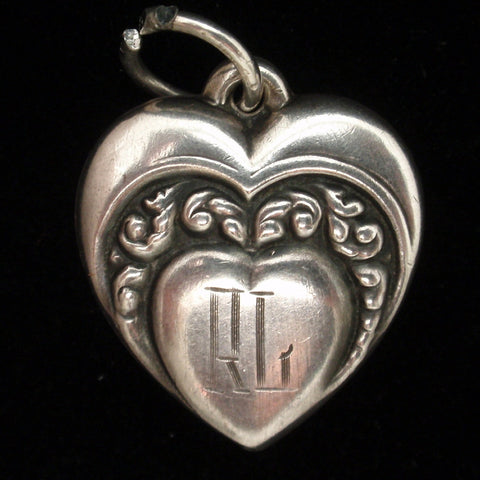 Puffy Heart Charm Vintage Sterling Silver Engraved RL