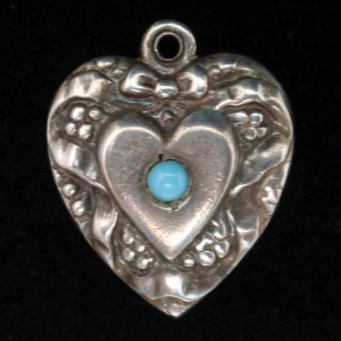 Puffy Heart Charm Vintage Sterling Silver 2-Sided Design Turquoise Bead