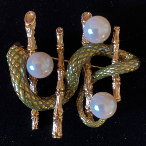Snake and Bamboo Brooch Pin Vintage Erwin Pearl