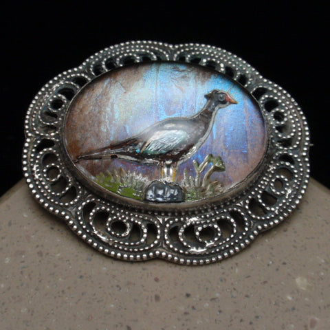 Pheasant Under Glass Pin Sterling Silver Butterfly Wing Intaglio Vintage Brooch