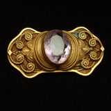 Antique Brooch Pin Scroll Work Large Purple Glass Stone