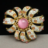 Pink Moonglow & Rhinestones Flower Brooch Pin Vintage Unsigned