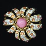 Pink Moonglow & Rhinestones Flower Brooch Pin Vintage Unsigned