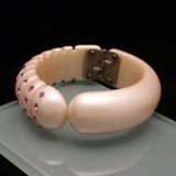 Clamper Bracelet Pearlized White Plastic with Hot Pink Rhinestones Vintage