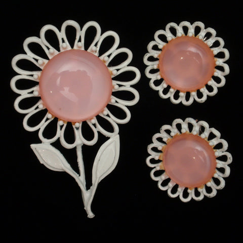 Pink & White Flower Set Vintage Moonglow Cabs Brooch Pin & Earrings