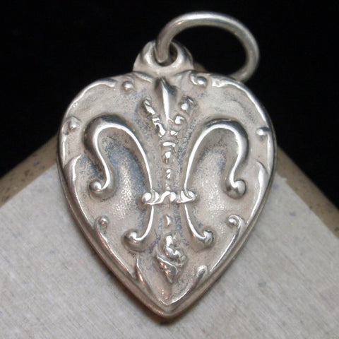 Puffy Heart Charm Sterling Silver with Fleur-de-Lis and Engraved LOU