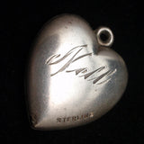 Puffy Heart Charm Vintage Sterling Silver Double Heart Bow Engraved Nell