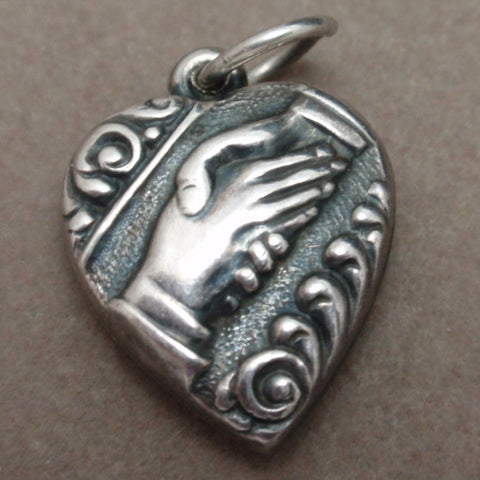 Puffy Heart Charm Vintage Sterling Silver Hand Shake Engraved G.A.