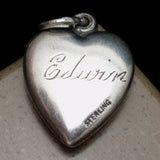 Puffy Heart Charm Vintage Sterling Silver Engraved Edwin Fleur-de-Lis Design