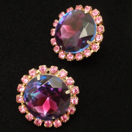 Purple & Pink Rhinestone Earrings Vintage Clips