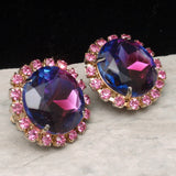 Purple & Pink Rhinestone Earrings Vintage Clips