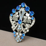 Large Brooch with Blue and Clear Rhinestones 1940s