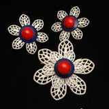 Red White Blue Plastic Flowers Set Pin & Earrings Groovy 1960s Design