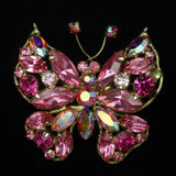 Pink Rhinestones Butterfly Pin Vintage Regency