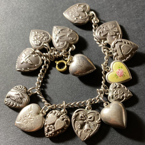 Victorian Sterling Silver Puffy Heart Charm Bracelet