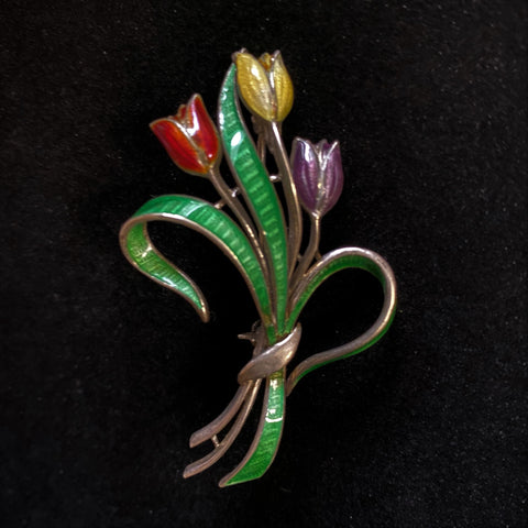 Bouquet of Tulips Pin Enamel Sterling Silver