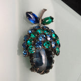 Blue Fruit Berry Fur Clip Pin Vintage Rhinestones Schreiner NY Brooch