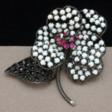Flower Pin Vintage Schreiner NY Graphic Black White Pink Japanned Brooch