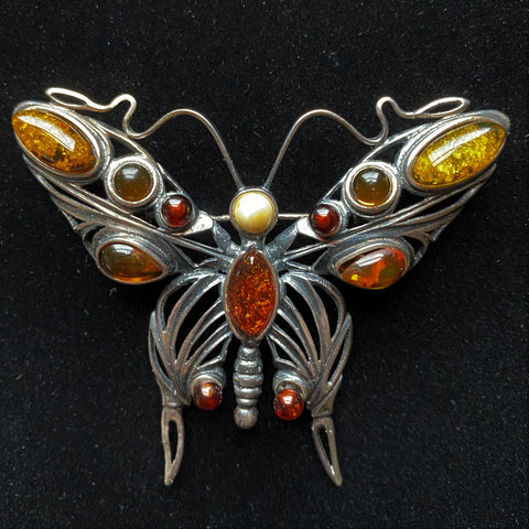 Butterfly Brooch Sterling Silver 3 Colors Amber Vintage Pin