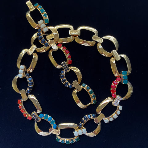 Kate Spade Necklace Bracelet Set Multi-Colored Stones Large Gold Tone Links