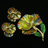 Flower Set Vintage Striped Enamel & Rhinestones Brooch Pin Earrings