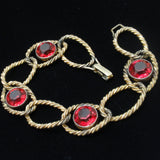 Vintage Bracelet Rope Textured Curb Links Red Stones 12k GF Sturdy
