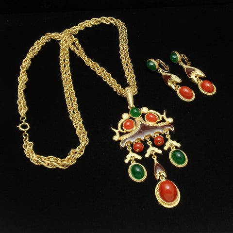Pendant Necklace & Earrings Set Double Chain Tancer II Vintage Colorfu ...