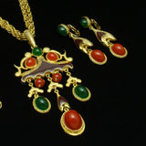 Pendant Necklace & Earrings Set Double Chain Tancer II Vintage Colorful