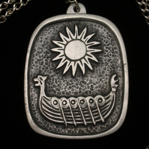 Viking Ship & Sun Pendant Necklace Rune Tennesmed Sweden Vintage