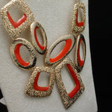 Abstract Geometric Necklace Textured Goldtone and Red Enamel by Tre Vero