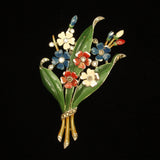Bouquet of Flowers Fur Clip In Enamel Rhinestones Vintage Trifari