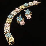 Spring Flowers Bracelet Earrings Set Vintage Trifari Pastel Enamel