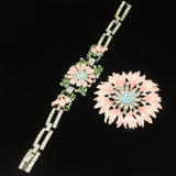 Pink Flower Rhinestones Clip Pin Bracelet Set 1940s Vintage Trifari pat pend