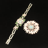 Pink Flower Rhinestones Clip Pin Bracelet Set 1940s Vintage Trifari pat pend