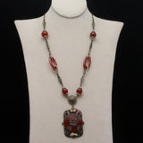Antique Victorian Necklace Deep Red Glass Beads and Ornate Pendant