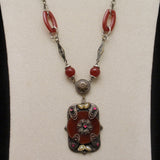 Antique Victorian Necklace Deep Red Glass Beads and Ornate Pendant