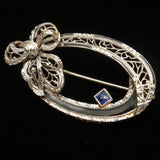 Krementz 14k White Gold Oval Beauty Pin with Bow and Black Enamel Antique