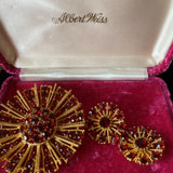 Weiss Pin and Earrings Set Vintage Red Rhinestones Original Box