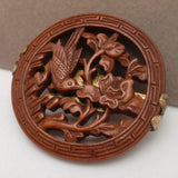 Carved Wooden Pin Bird Flowers Greek Key Edge Gold Filled Reverse Asian Vintage