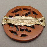 Carved Wooden Pin Bird Flowers Greek Key Edge Gold Filled Reverse Asian Vintage
