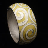 Eloxal Yellow and White Bangle Hinged Bracelet Vintage 1 3/8" Wide Aluminium
