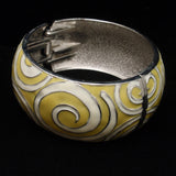 Eloxal Yellow and White Bangle Hinged Bracelet Vintage 1 3/8" Wide Aluminium